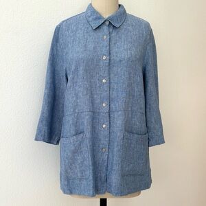 Coldwater Creek Tunic/Jacket Blue Linen Patch Pocket Button Front 3/4 Sleeves L